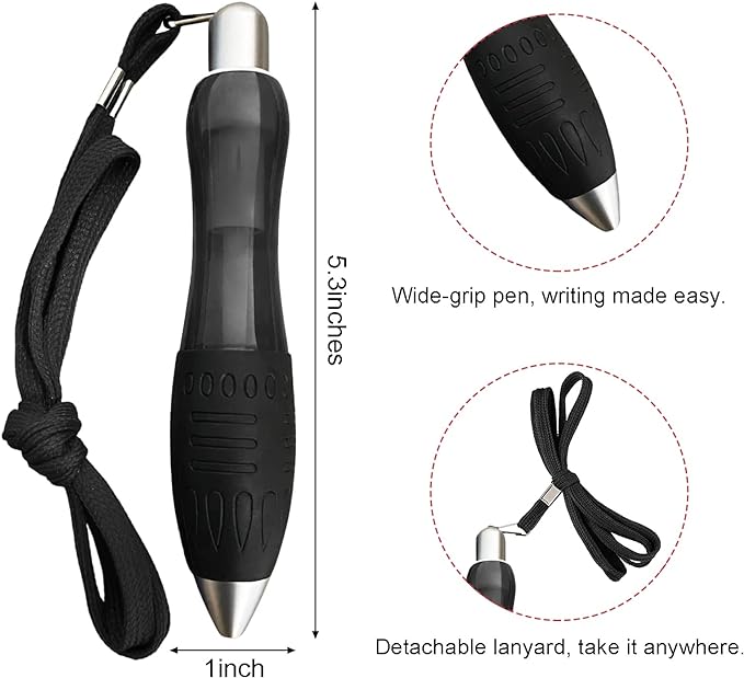 Big Fat Pens (12 Pack) Aids Writing For Tremor, Arthritis, Parkinson, Handicap, Carpal Tunnel Large Wide Grip Pens Retractable Ballpoint Pens (6 Pens + 6 Extra Refills)(Black)