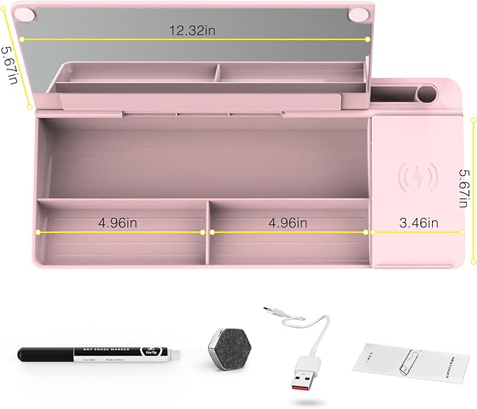 TOWON Desktop Glass Whiteboard with Charger Pad, Small Desk Whiteboard - Glass Dry Erase White Board- Desk Computer Buddy with Storage, Mirror and Charging Station, Pink, 17 x 6 in