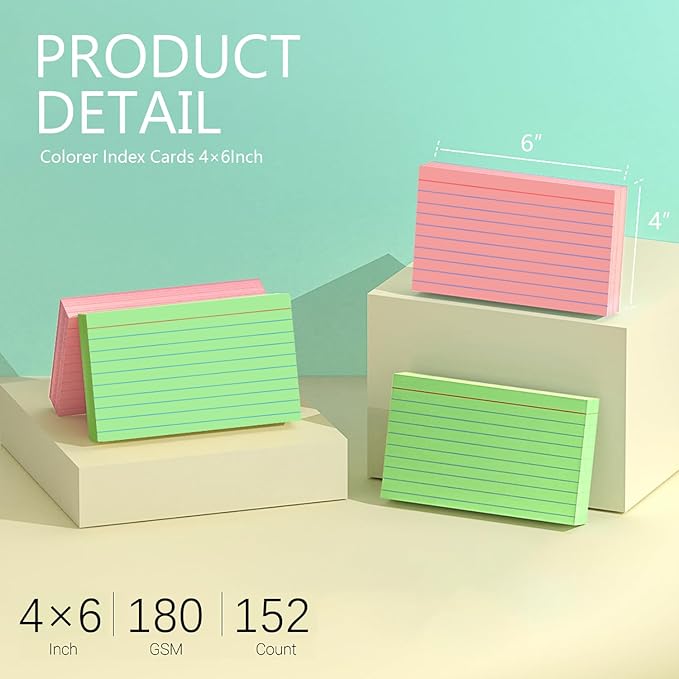 Colored Index Cards 4x6 Inch - Ruled Index Flash Cards for Studying, Lined Index Note Cards 4" x 6" with Colorful, Colored Flashcards 4x6 Notecards 3 Pack of 38 - Pink, Green