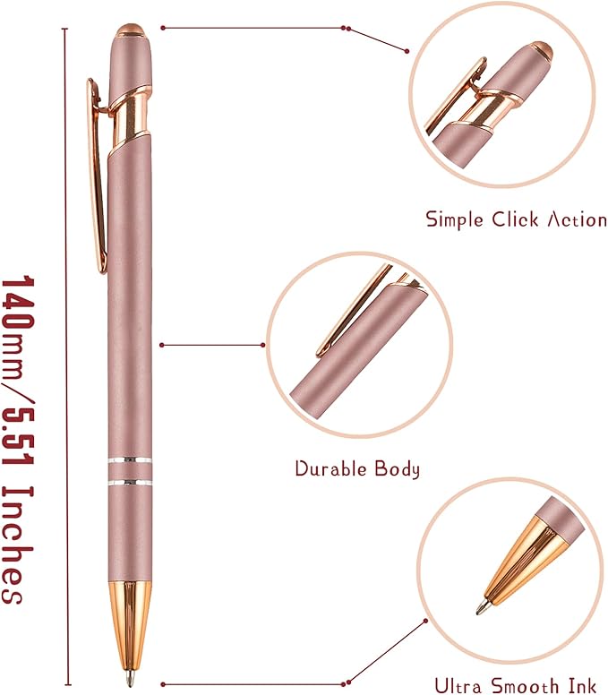 Ballpoint Pens with Stylus Tips,12 Pcs Rose Gold Retractable Metal Stylus Pen for Touch Screens, 1.0 mm Black Ink