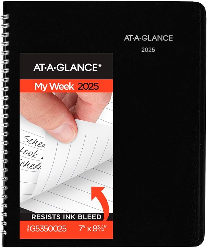 AT-A-GLANCE 2025 Planner, Weekly, 7" x 8-3/4", Medium, Block-Style, DayMinder, Black (G5350025)
