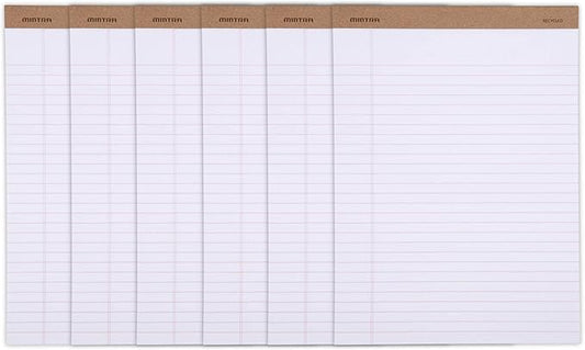 Mintra Office Recycled Writing Pads 6pk (White, Wide Ruled (8.5in x 11in)) - 50 Sheets per Notepad, Micro perforated, Legal Pad, Notebook Paper for School, College, Office, Business