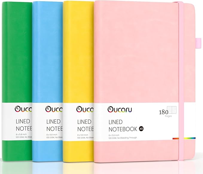 Lined Journal Notebook, 4 Pack, 180 Pages, A5 Journals for Writing, 100 GSM Thick Paper, Small Notebooks Daily Journal for Women Men Work, Business, School, Travel Supplies