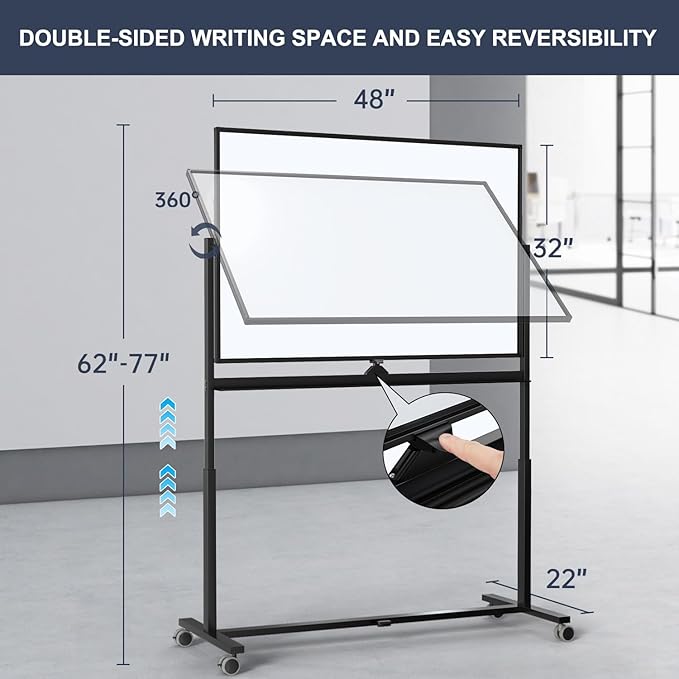 Rolling Whiteboard, 48 x 32 Inches Magnetic White Board with Stand, Double-Sided Large Standing Dry Erase Board on Wheels, Height-Adjustable Mobile Dry Erase Board for Office, Home, Classroom