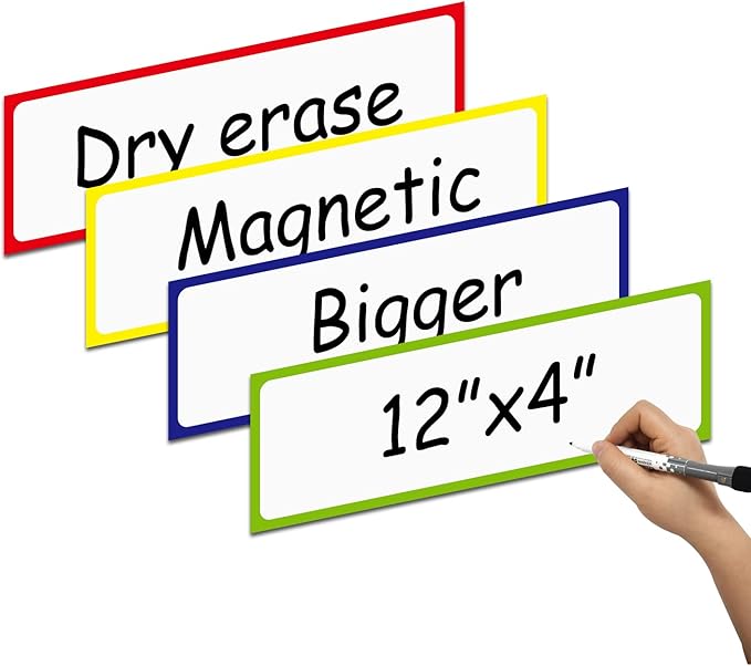 Magnetic Dry Erase Labels Larger 12"x 4", Big Dry Erase Magnetic Labels for Whiteboards, Fridge, School Classroom, Pack of 8