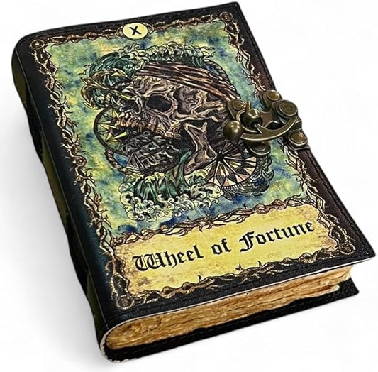 Spell Book of Shadows Journal with Lock Clasp Witchcraft Supplies Vintage Handmade Leather Luna Moths and Morpho Butterfly Print Diary Witchcraft Supplies (Wheel of Fortune)