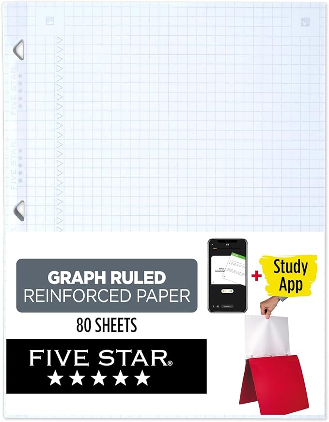 Five Star Loose Leaf Paper + Study App, Notebook Paper, Graph Ruled Paper, 8-1/2" x 11", 80 Sheets, Reinforced Filler Paper, Fights Ink Bleed (170122)