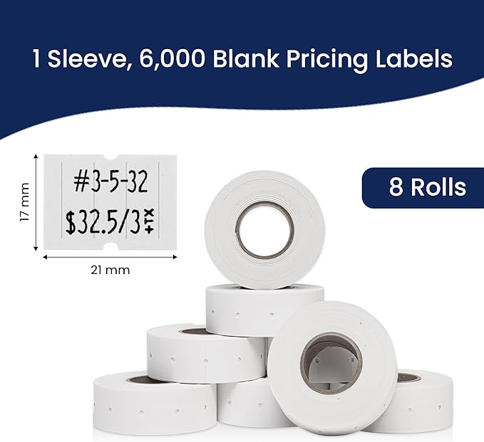 Perco 2 Line White Labels - 8 Rolls, 1 Sleeve, 6,000 Blank Price and Date Gun Labels for Perco 2 Line Price and Date Guns - Made in USA