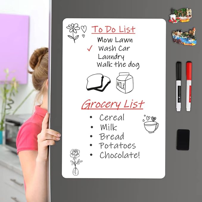 Magnetic Dry Erase Board Fridge White Board Sheet 20 x13 inch, Flexible Large Refrigerator Magnets Whiteboard Planner for Home Kitchen, 2 Markers and Eraser