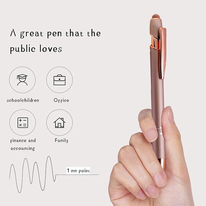 Ballpoint Pens with Stylus Tips,12 Pcs Rose Gold Retractable Metal Stylus Pen for Touch Screens, 1.0 mm Black Ink