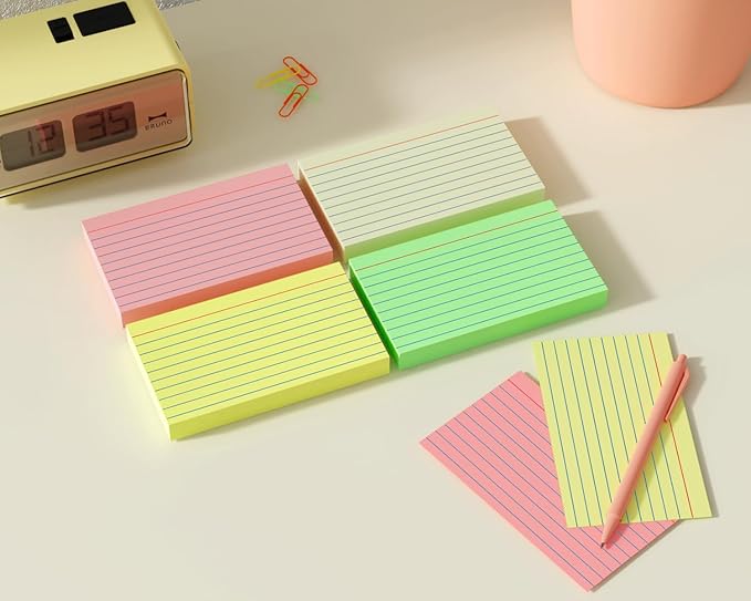 200 PCS Colored Index Cards 3x5, Ruled Index Cards, Flash Cards for Studying, Heavy Note Cards for Office, Home and School,Light Red/Green/Yellow/Beige 4 Colors, 50 PCS of Each Color