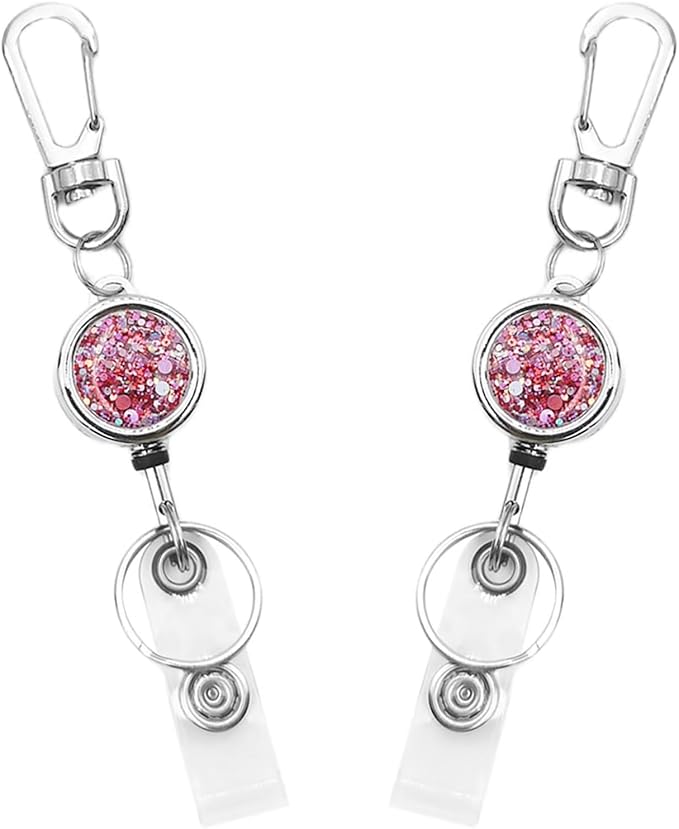 Retractable Badge Holder, Pretty Bling Pink ID Badge Reel with Retractable Cord for Name Card Keychain,Metal Retractable Key Ring for Women Nurse Teacher Student,2 Pack