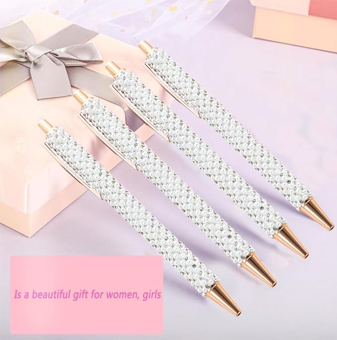 4 Pcs White Pearl Pens Rhinestone Metal Ballpoint Pens Sparkly Crystal Pens Black Ink for Women Girls Office School Supplies