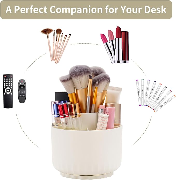 Marbrasse Desk Organizer, 360-Degree Rotating Pen Pencil Holder for Desk, Desk Organizers and Accessories with 5 Compartments Pencil Organizer, Art Supply Storage Box Caddy for Office, Home(Beige)