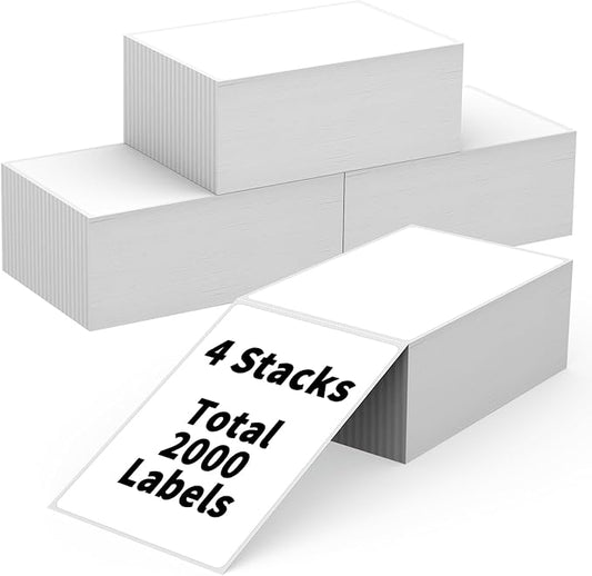 4 Stacks Fanfold 4" x 6" Direct Thermal Labels, Tacnology 2000 Labels White Perforated Shipping Labels, Permanent-Adhesive Mailing Address Paper Compatible with Zebra, Rollo, MUNBYN,500 Labels/Stack
