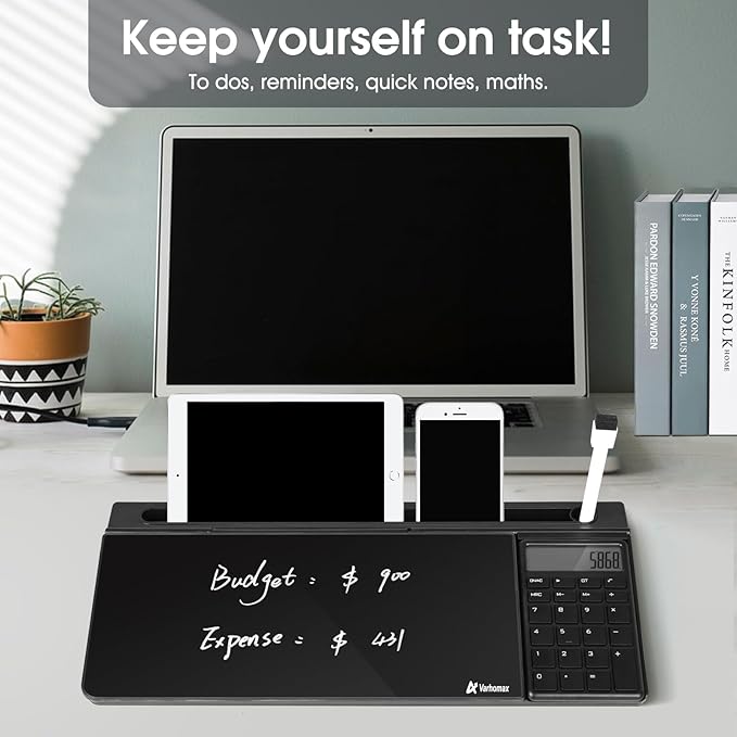 Varhomax Glass Desk Whiteboard Black with Calculator, Desktop Dry Erase White Board with Storage, to Do List Memo Notepad for Home and Office