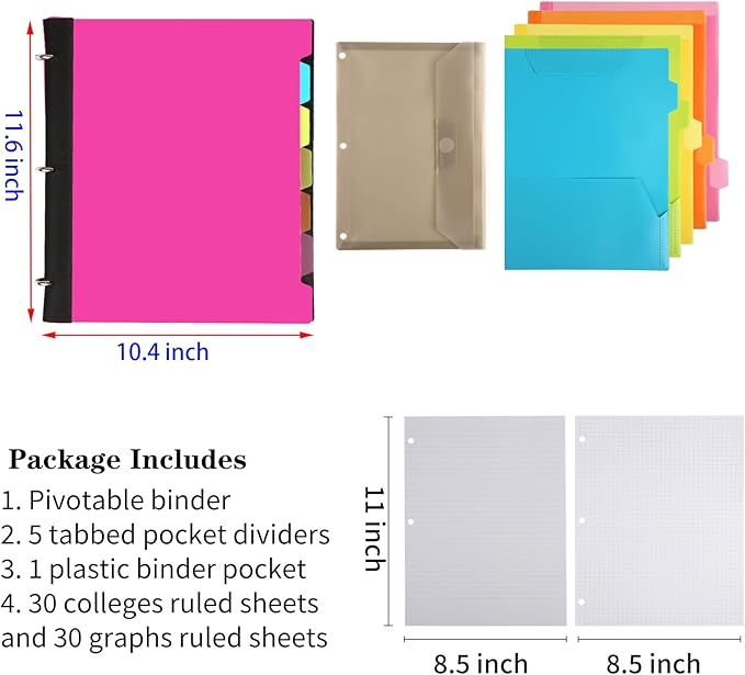 2 Pcs Pivotable Refillable Notebook, 3 Ring Binder Notebooks 1 Inch, Notebook with Dividers and Pockets, Folder Notebook, Flexible Binder, Soft Binders 3 Ring, Foldable Binder- Pink