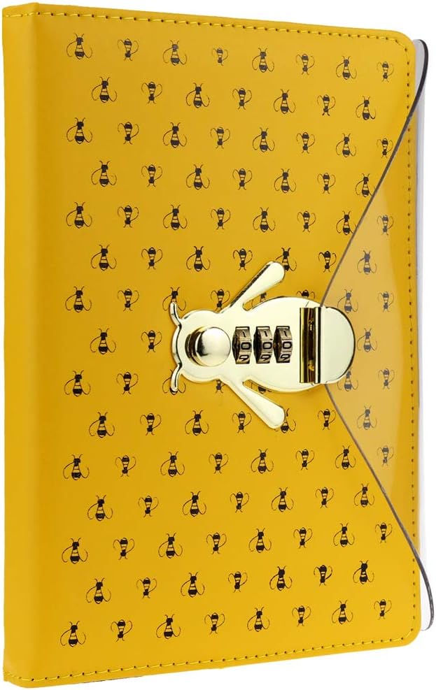 Mazeran Bee Shaped Combination Lock Journal, PU Leather Hard Cover Notebook Cute Diary, A5 Lined Password Locking Personal Planner Secret Organizer Gift for Girls Women Daughter
