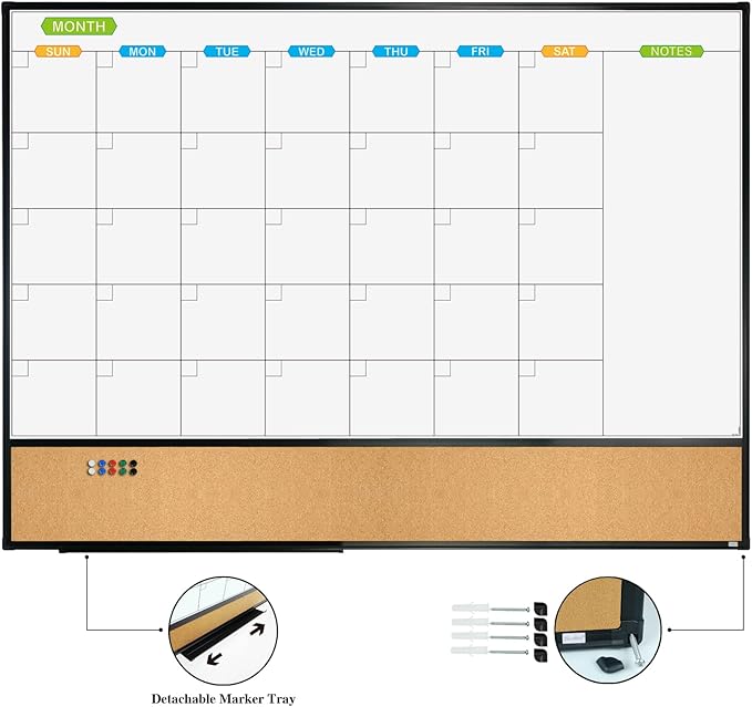 JILoffice Magnetic Calendar Whiteboard & Bulletin Corkboard Combination, Combo Board 48 x 36 Inch, Black Aluminum Frame Wall Mounted Board for Office Home and School with 10 Push Pins