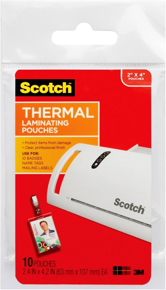 Scotch Thermal Laminating Pouches Premium Quality, 5 Mil Thick for Extra Protection, 10 Pack ID Badge with Clip Laminating Sheets, Our Most Durable Lamination Pouch, 2.4 x 4.2 inches (TP5852-10)