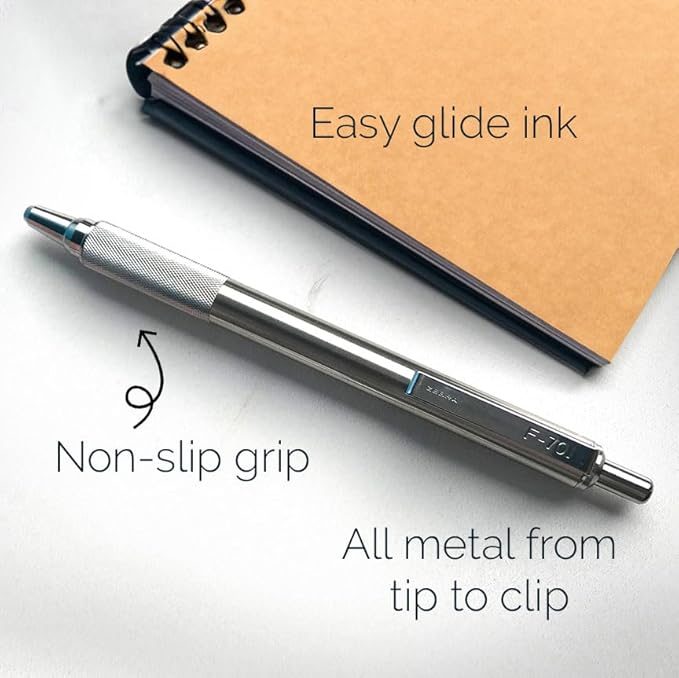 Zebra Pen F-701 Retractable Ballpoint Pen, Stainless Steel Barrel, Fine Point, 0.8mm, Black Ink, 4-Pack with Refills