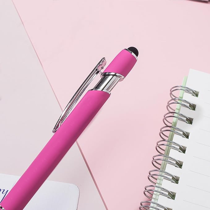 Ballpoint Pens with Stylus Tips,12 Pcs Pink Retractable Metal Stylus Pen for Touch Screens, 1.0 mm Black Ink