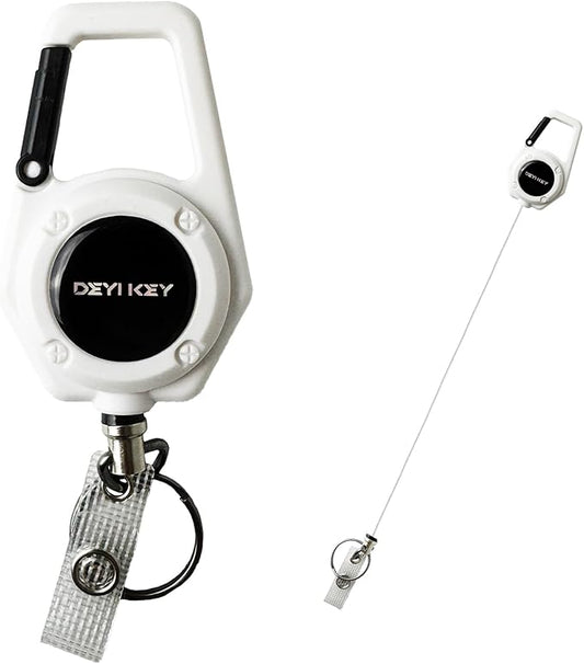 Retractable Keychain Heavy Duty, Multitool Carabiner Badge Holder, Retractable Keychain Clip Id Holder, Tactical ID Badge Reel with 29.5" Steel Retractable Cord, White