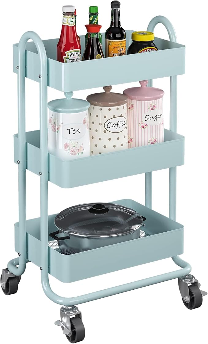 3-Tier Rolling Cart with Wheels,Kitchen Storage Carts or Metal Rolling Utility Cart with Handle,Movable Storage Organizer,Blue Carts for Nursery, Kitchen, Bathroom, Craft Room๏ผ13.4"x18.1"x31"๏ผ