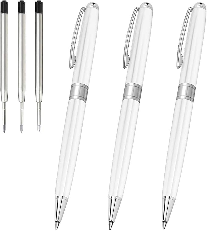 Cambond Ballpoint Pens White Pens - Fancy Pens Black Ink Pens for Journaling Men Gift Business Police Flight Attendant 1.0 mm Medium Point, 3 Pens with 3 Extra Refills (White)