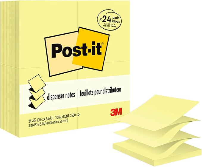 Post-it Dispenser Pop-up Notes, 3x3 in, 24 Pads, Canary Yellow, Clean Removal, Recyclable