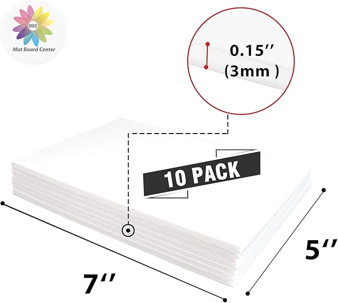Mat Board Center, Pack of 10 Acid-Free Foam Boards, 5x7 inch White Foam Boards, 1/8" Thick