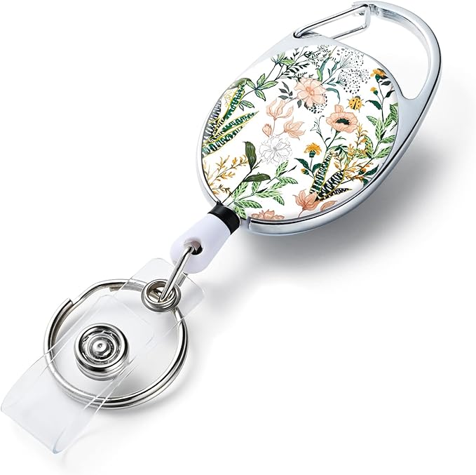 Badge Reels Retractable,Double Sided Color Print Pattern Retractable Badge Holders,with Retractable Keychain, Badge Clip and Key Ring,Durable Nylon Retractable Rope,White Flower