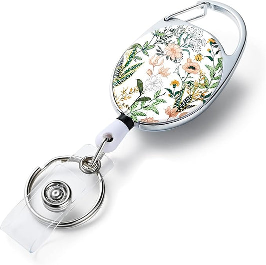 Badge Reels Retractable,Double Sided Color Print Pattern Retractable Badge Holders,with Retractable Keychain, Badge Clip and Key Ring,Durable Nylon Retractable Rope,White Flower