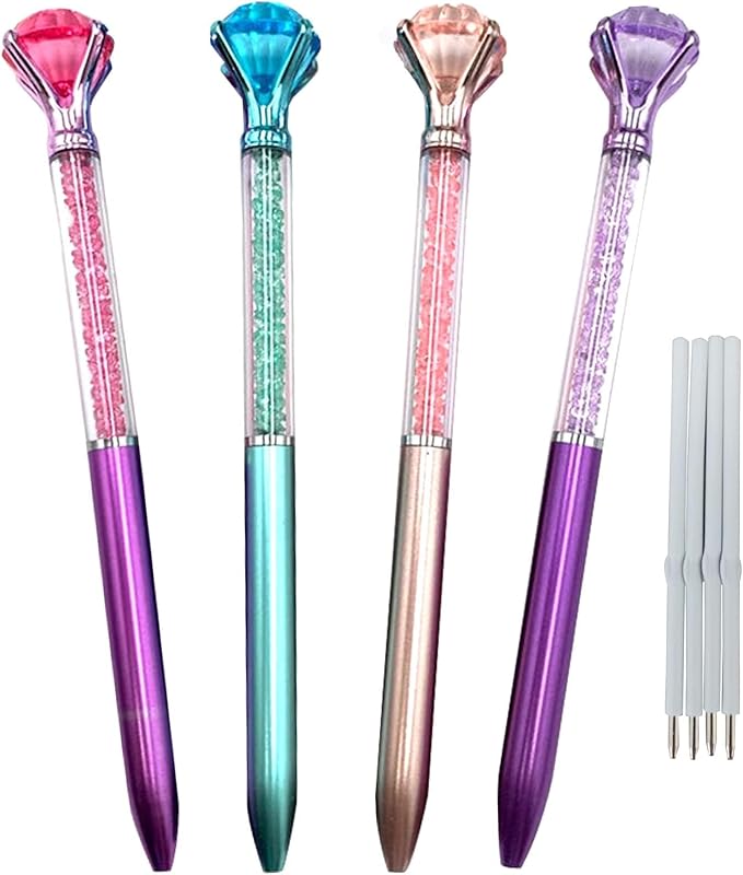 Diamond Pens Pack of 4 Cute Ballpoint Pens Retractable Ballpoint Pen gem pens Rhinestones Crystal Bling Plated Metal Color Blue Gel Ink Office Supplies Gifts for Women (4 pens)…