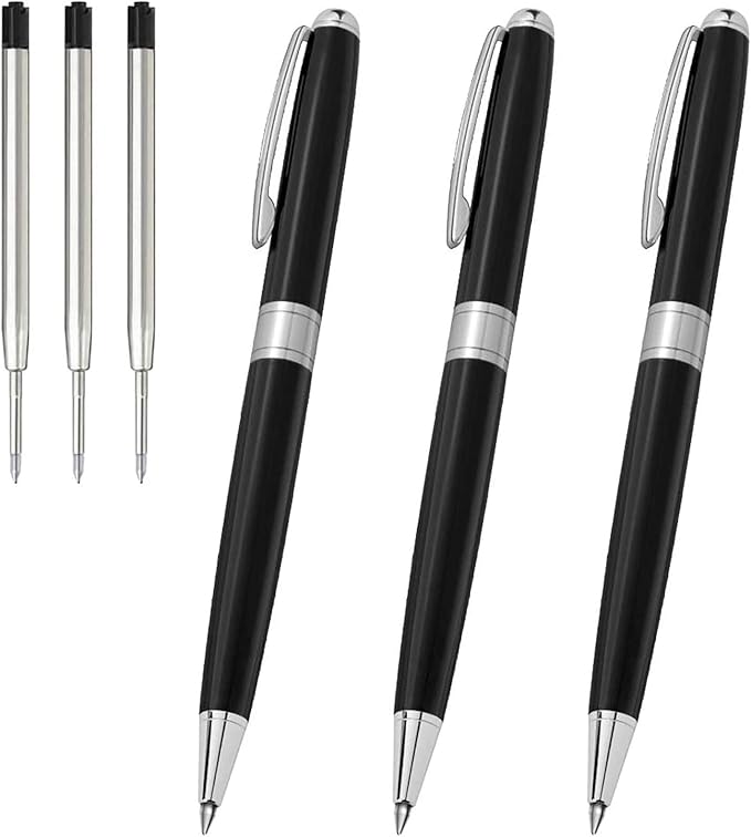 Cambond Black Pens Ballpoint Pens - Nice Pens Office Pens for Gift Business Men Police Flight Attendants Retractable Smooth Writing 1.0 mm Medium Point, 3 Pens with 3 Extra Refills (Black)