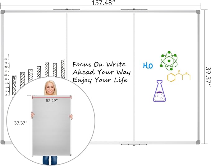Lockways Large Magnetic 157" x 40" Dry Erase Board, Foldable Wall Mounted Whiteboard| White Board with Pen Tray for Business,Team,Home Office,Home Education and School Classroom