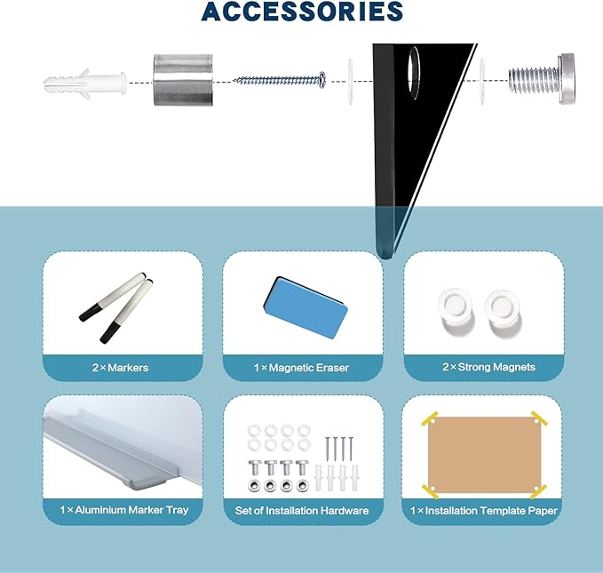 Magnetic Black Glass Board with Eraser Frameless Tempered Glass Dry Erase Blackboard with Marker Tray for Interactive Office, Wall Mounted Frosted Black Glass Board, 48" x 36"