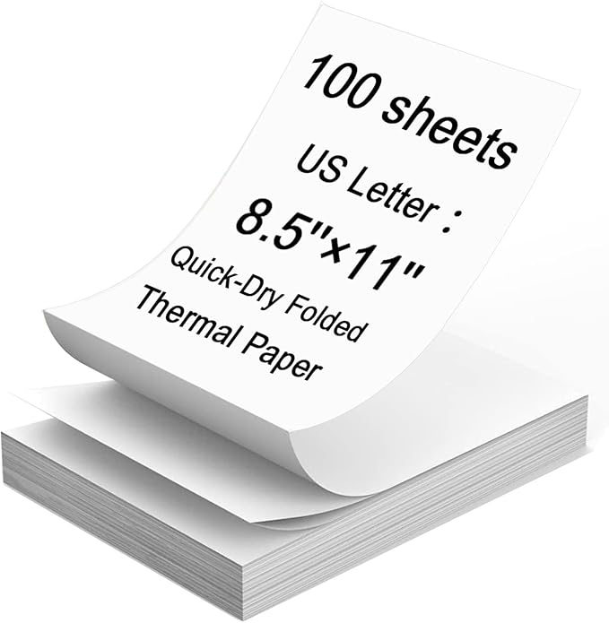 Thermal Printer Paper 8.5 x 11 Inch, 100 Sheets US Letter Size Thermal Paper, Compatible with M08F/A40 Thermal Portable Printer, Continual Feeding Folded Printing Paper (100 Sheets/Continuous Folding)