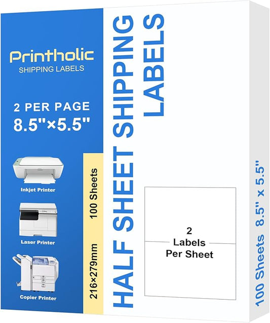 200 Half Sheet Self Adhesive Shipping Labels 8.5" x 5.5" Address Labels for Laser & Inkjet Printers - 100 Sheets, 2 Half Sheet Labels Per Page
