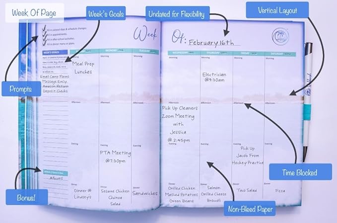 Planner: Calm & Focused for Busy Parents (or Adults). ADHD & Anxiety Friendly. Full-Color Pages, Vertical Layout, Time-Blocking, Pocket, Pen & Holder Included.