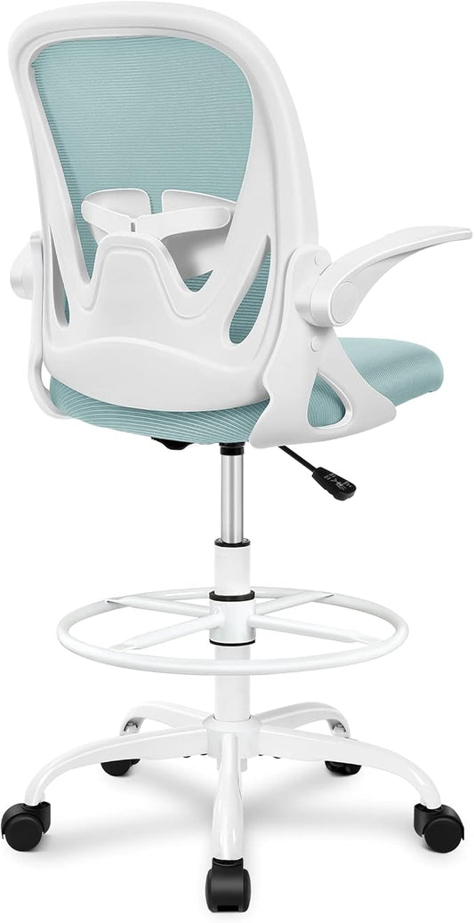 Primy Drafting Chair Tall Office Chair with Flip-up Armrests Executive Ergonomic Computer Standing Desk Chair with Lumbar Support and Adjustable Footrest Ring(Light Blue)