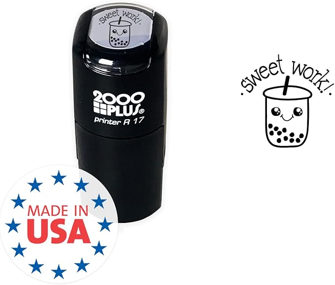 Sweet Work Bubble Tea Themed Stamp / 2000 Plus Self Inking Teacher Boba Drink Stamper / 9/16" Small Black Ink Worksheet School Homework Stamp Made in USA