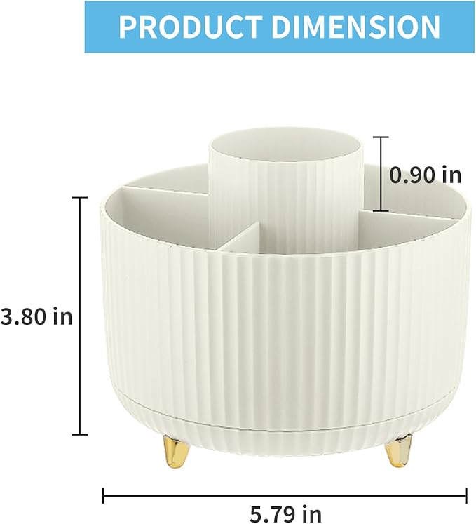 Marbrasse Desk Organizer, 360-Degree Rotating Pen Holder, 5-Compartment Pencil Organizer, Art Supply Storage Box Caddy for Office and Home (Ivory)