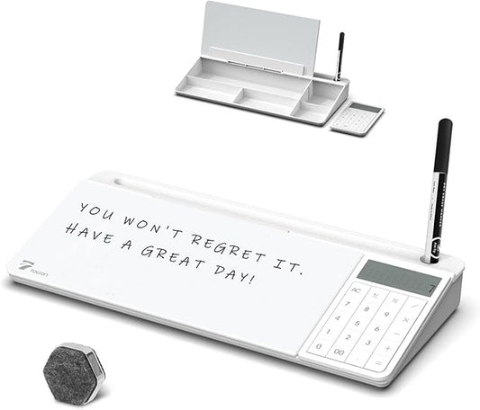TOWON Desktop Glass Whiteboard with Basic Calculator, 12 Digit LCD Display, Desk Organizers with Accessories for Office, Home, School Supplies, Storage with Dry Erase Board Surface, White, 18'' x 6''