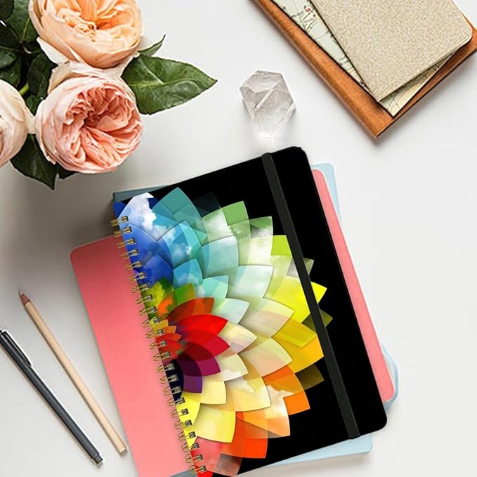 Spiral Notebook - A5 Spiral Notebooks, 8.3'' × 5.8'', 160 Pages, Aesthetic Journaling Notebooks for Women, College Lined Notebook with Elastic Closure, Back Pocket, for School Office, Half Flower