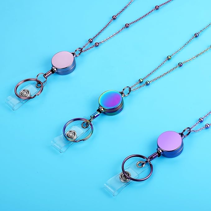 Lanyards for Id Badges 3 Pack Badge Lanyard with 6 Pcs Id Badge Holder Retractable Stainless Steel Teacher Lanyards Cruise Ship Lanyards for Girl Women (Purple, Pink, Bright Blue)