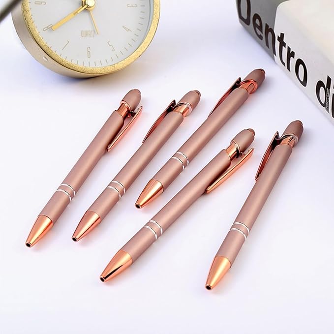 Ballpoint Pens with Stylus Tips,12 Pcs Rose Gold Retractable Metal Stylus Pen for Touch Screens, 1.0 mm Black Ink