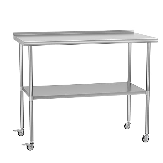 Stainless Steel Table 24 x 48 Inches with 4 Wheels,Metal Prep Table with Backsplash & Adjustable Undershelf for Commercial Kitchen, Outdoor, Restaurant, Hotel & Garage