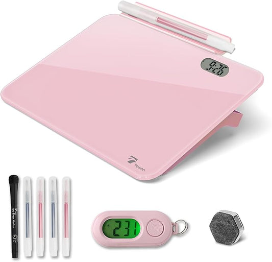 Small Glass Desk Whiteboard Dry-Erase Board with Clock, Small Travel Reminder Clock Keychain with Desk Notepad, Time Table Whiteboard for Desk Digital LED Light Display, 8x6 in with Accessories, Pink