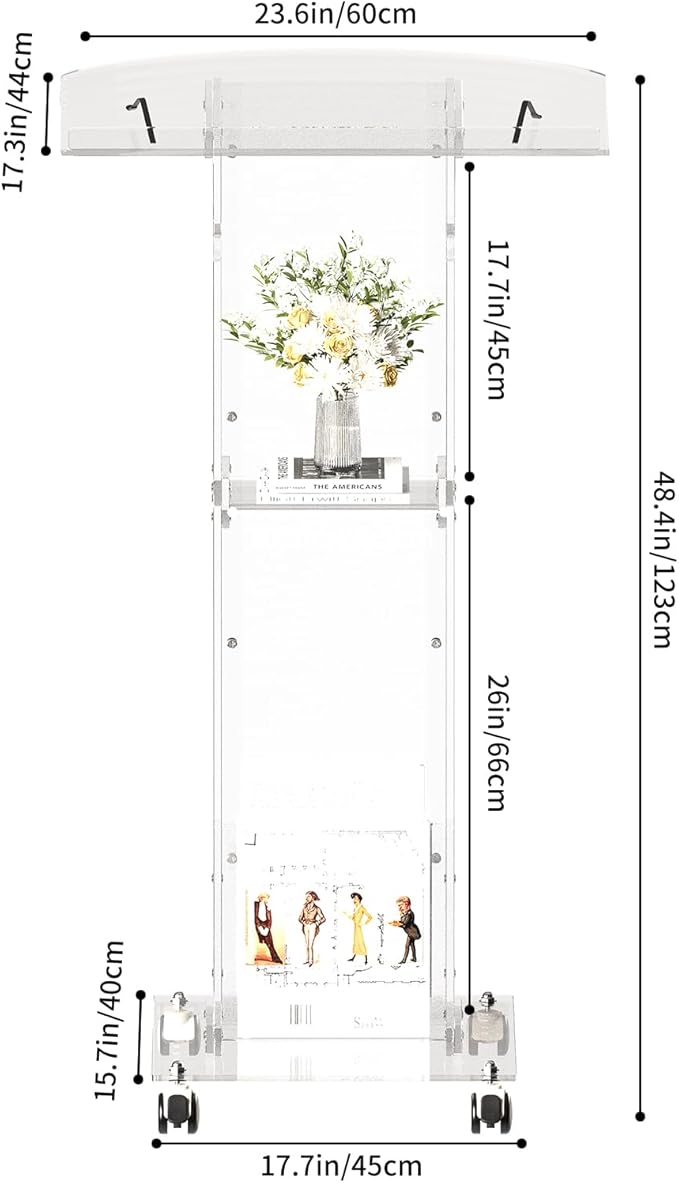 Acrylic Podium Stand,49“ Tall Portable Podium with Lockable Wheels, Clear lecterns & Podium with Storage Shelf for Classroom, Pulpit Podium for Church,Wedding,Presentation